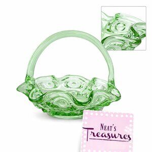 Hand Made SEA MIST GREEN Ruffled Circles Eye Handled Art Glass 7" Tall Basket